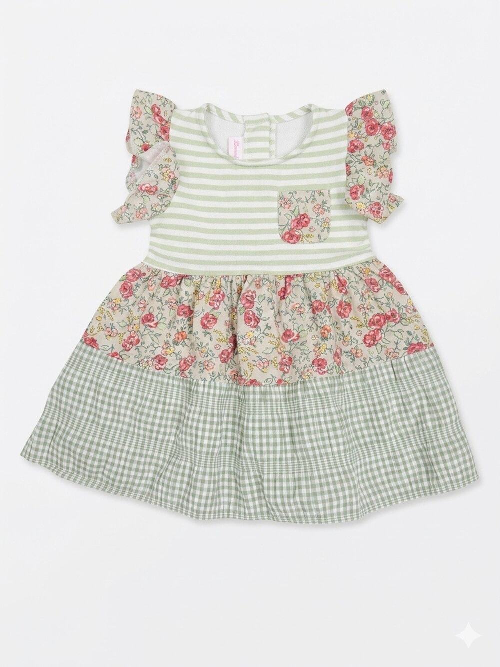 Bonnie Jean Toddler 3T Dress Ruffle Sleeve Green Floral Gingham Easter Spring